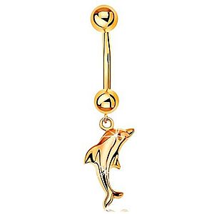 Zlatý 585 piercing do pupku - banán s dvoma guličkami a visiaci lesklý delfín GG184.38 vyobraziť