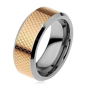 Dvojfarebný volfrámový prsteň, drobné kosoštvorce, skosené okraje, 8 mm H8.03 vyobraziť