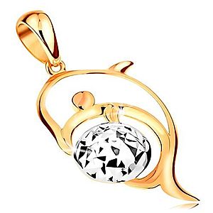 Zlatý 14K prívesok - kontúra delfína, lopta z bieleho zlata zdobená zárezmi GG194.57 vyobraziť
