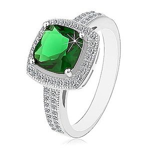 Ródiovaný prsteň, striebro 925, zelený štvorcový zirkón a číry zirkónový lem H8.06 vyobraziť