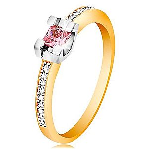 Zlatý 14K prsteň - trblietavé ramená, okrúhly ružový zirkón v kotlíku z bieleho zlata GG189.28/35 vyobraziť