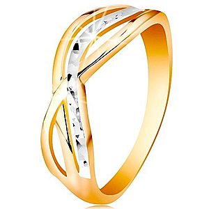 Dvojfarebný prsteň v 14K zlate - zvlnené a rozvetvené línie ramien, ryhy GG192.59/67 vyobraziť