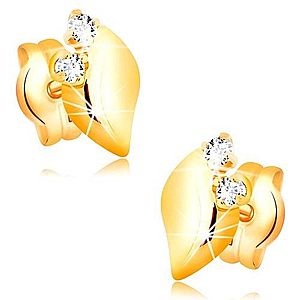 Diamantové náušnice zo žltého 14K zlata - dva číre brilianty, lesklý lístoček BT501.21 vyobraziť