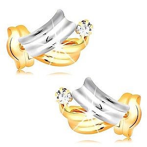 Briliantové zlaté náušnice 14K - lesklé dvojfarebné oblúky, číry okrúhly diamant BT501.11 vyobraziť