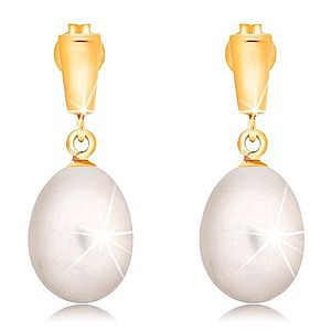 Zlaté 14K náušnice - visiaca oválna perla bielej farby, lesklý pásik GG16.27 vyobraziť
