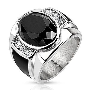 Oceľový prsteň s čiernym brúseným oválom, čírymi zirkónmi a čiernymi pásmi AB09.01 vyobraziť