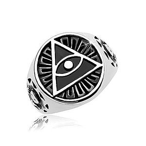 Prsteň z ocele 316L, čierny patinovaný kruh a trojuholník s okom AB35.14 vyobraziť