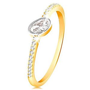 Zlatý prsteň 585 - číry oválny zirkón v objímke z bieleho zlata, zirkónové línie GG215.22/28 vyobraziť