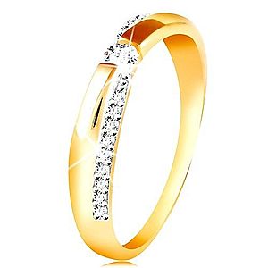 Zlatý 14K prsteň - trblietavý a hladký pás, okrúhly zirkón čírej farby GG212.51/59 vyobraziť