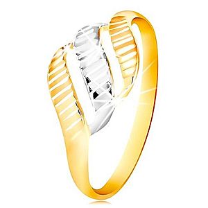 Zlatý prsteň 585 - tri vlnky zo žltého a bieleho zlata, ligotavé zárezy GG212.20/27 vyobraziť