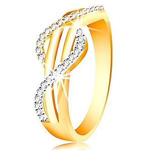 Zlatý prsteň 585 - zirkónové vlnky zo žltého a bieleho zlata, rovné hladké pásy GG214.38/43 vyobraziť