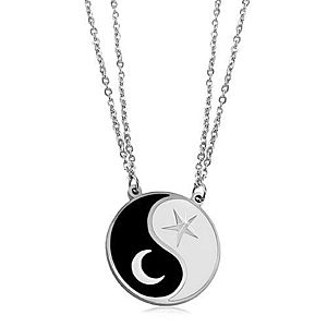 Oceľový náhrdelník, dve retiazky, čierno-biely symbol Jin a Jang, mesiac a hviezda S02.14 vyobraziť