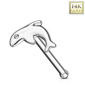 Rovný piercing do nosa z bieleho zlata 585 - malý lesklý delfín GG220.02 vyobraziť