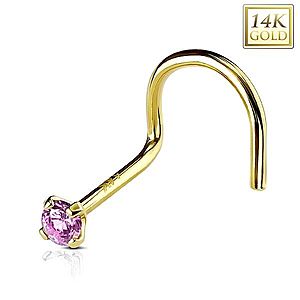 Zahnutý piercing do nosa zo žltého 14K zlata, okrúhly svetloružový zirkón, 2 mm GG222.17 vyobraziť