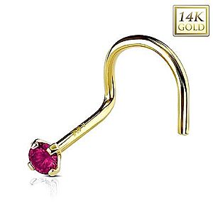 Zahnutý piercing do nosa zo žltého 14K zlata, okrúhly tmavoružový zirkón, 2 mm GG222.24 vyobraziť