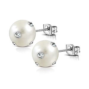 Oceľové náušnice - biela syntetická perla, číre ligotavé zirkóny, puzetky AA15.17 vyobraziť