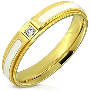 Oceľový prsteň - lesklý povrch zlatej farby, biela glazúra a zirkón, 4 mm J06.19 vyobraziť
