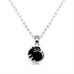 Strieborný náhrdelník 925 - mačička v klbku, čierna glazúra, lesklá retiazka S18.09 vyobraziť