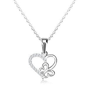 Strieborný náhrdelník 925 - jemná retiazka, kontúra srdca a motýlika, zirkóny S18.22 vyobraziť