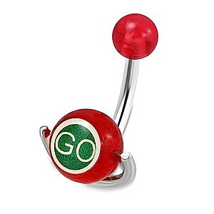 Piercing do pupku z ocele - červená guľôčka, valček s nápismi "GO" a "STOP" S20.15 vyobraziť