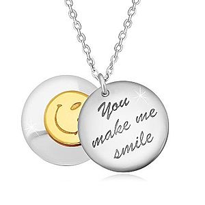 Strieborný 925 náhrdelník - dva vypuklé kruhy, nápis "You make me smile", smajlík R29.25 vyobraziť