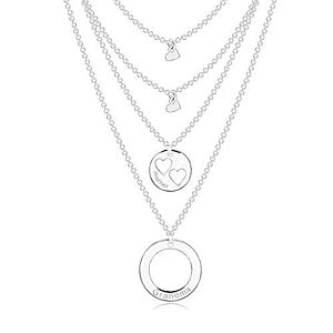 Strieborný náhrdelník 925 - štyri retiazky s príveskami, kruhy a srdiečka, nápisy R31.18 vyobraziť
