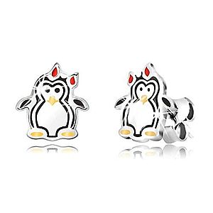 Strieborné náušnice 925 - lesklý tučniak s mašličkou, trojfarebná glazúra R10.09 vyobraziť