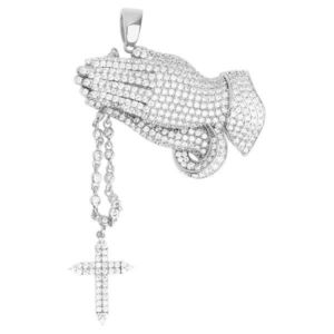 Iced Out Premium Bling - 925 Sterling Silver Praying Hands Pendant - Uni vyobraziť