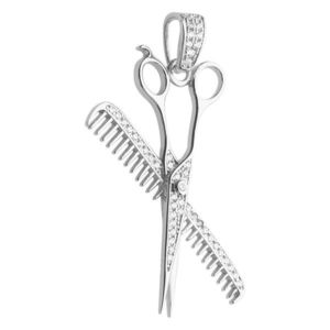 Iced Out Premium Bling - 925 Sterling Silver Comb Scissors Pendant - Uni vyobraziť