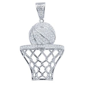 Iced Out 925 Sterling Silver Micro Pave Pendant - Basketball Basket - Uni vyobraziť