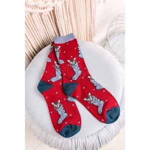 Bordové vzorované ponožky Jena Bamboo Christmas Kitten vyobraziť