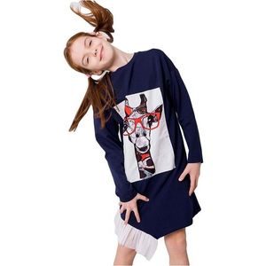 Modré dievčenské šaty s potlačou žirafy vyobraziť