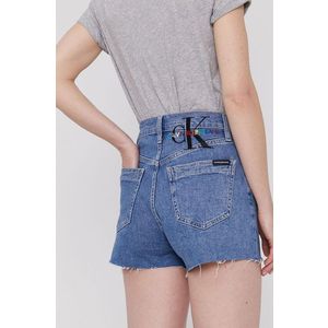Rifľové krátke nohavice Calvin Klein Jeans dámske, jednofarebné, vysoký pás vyobraziť
