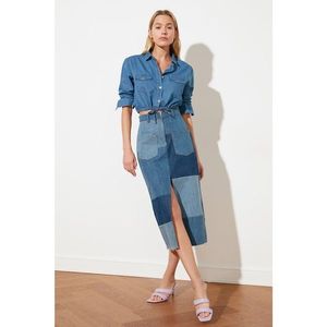 Trendyol Long Denim Skirt WITH Blue Color Block Sliver vyobraziť