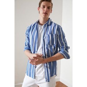 Trendyol Blue Male Slim Fit Shirt Collar Single Pocket Striped Shirt vyobraziť