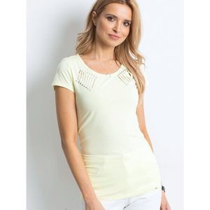 Yellow T-shirt with an application and slits vyobraziť