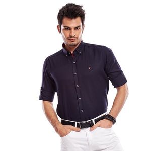 Navy blue men´s regular fit shirt with rolled up sleeves vyobraziť