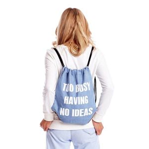 Blue denim sack backpack with text imprint vyobraziť