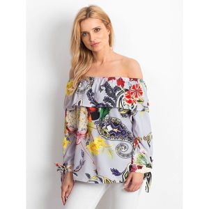 Light gray Spanish blouse with colorful patterns vyobraziť