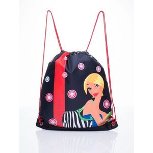 A red sack-type backpack with a girl´s print vyobraziť