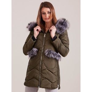 Khaki winter jacket with fur trim vyobraziť