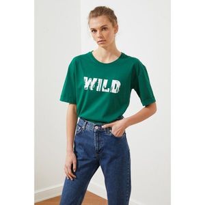 Trendyol Emerald Green Printed Loose Knitted T-Shirt vyobraziť