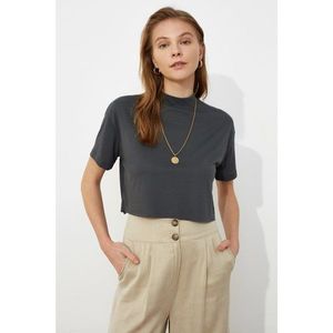 Trendyol Anthracite Upright Collar Crop Knitted T-Shirt vyobraziť