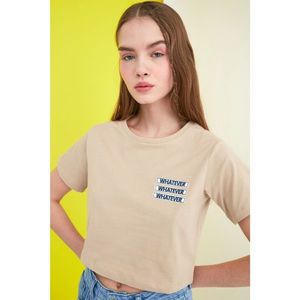 Trendyol Crop Knitted T-Shirt WITH Beige Applix Embroidery vyobraziť