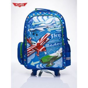 A blue school backpack with wheels, a suitcase with an Airplane theme vyobraziť