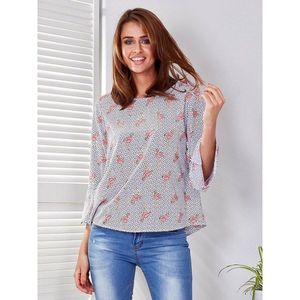 Women´s white and navy blue blouse with flamingos and polka dots vyobraziť