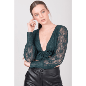 BSL Dark green blouse with lace sleeves vyobraziť