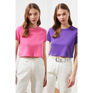 Trendyol Purple-Pink 100% Cotton Bike Collar 2 Pack Crop Knitted T-Shirt vyobraziť
