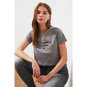 Trendyol Grey Embroidered Crop Knitted T-Shirt vyobraziť