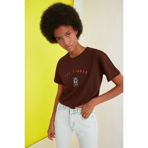 Trendyol Brown Embroidered Semifitted Knitted T-Shirt vyobraziť